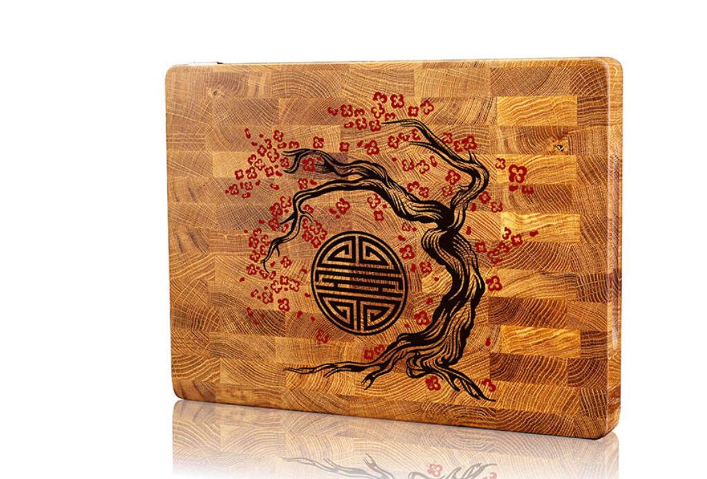 Blossoming Tranquility: Sakura and Symbol of Happiness Wooden Board