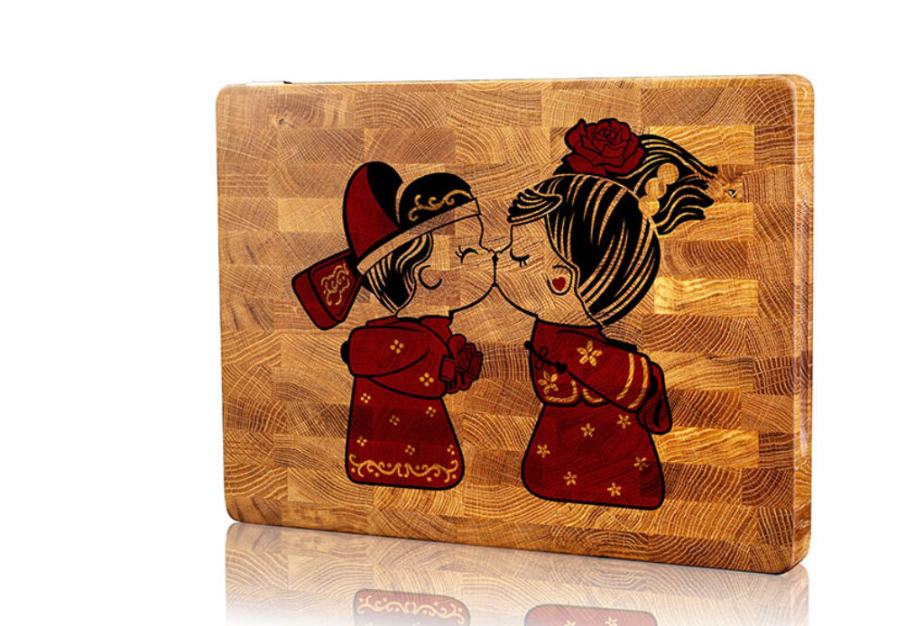 Whispers of Love: Chinese Dolls Kiss Wooden Board