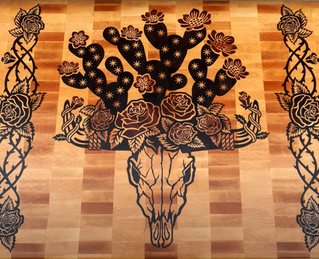 Desert Bloom: Bull Skull with Cacti and Roses Carved Wood Inlay Cutting Board